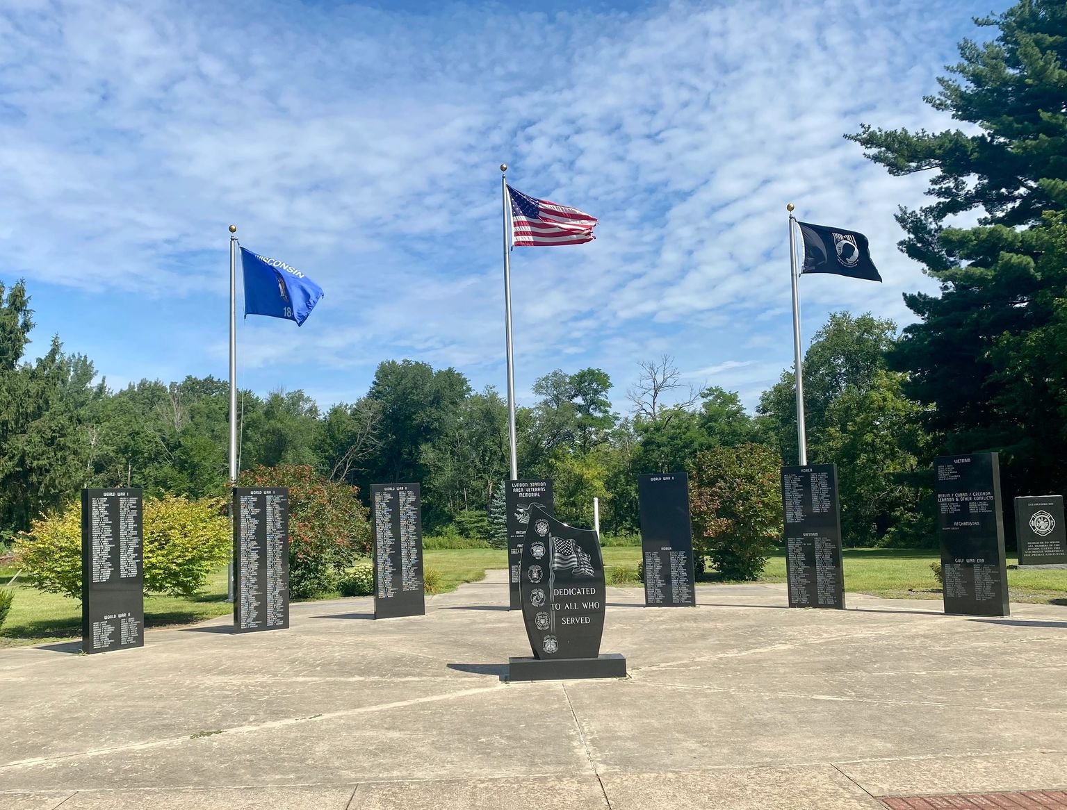 Veterans memorial with flags in Lyndon Station, Wisconsin